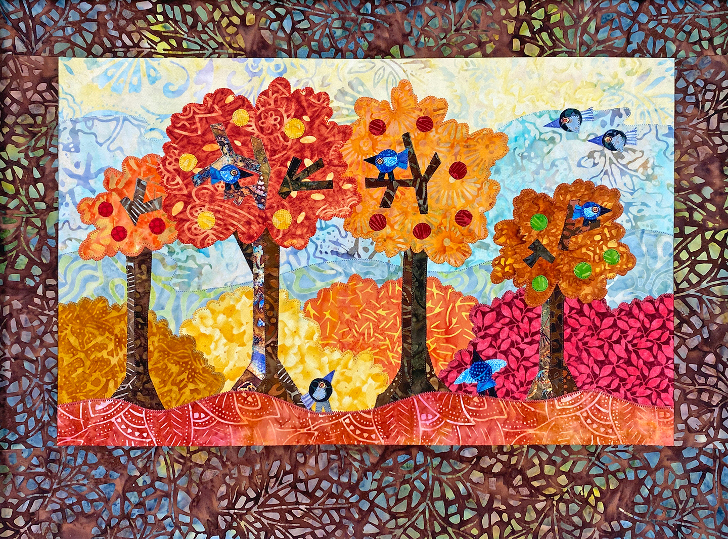 Fall Trees and Bluebirds Reproduction Medium
